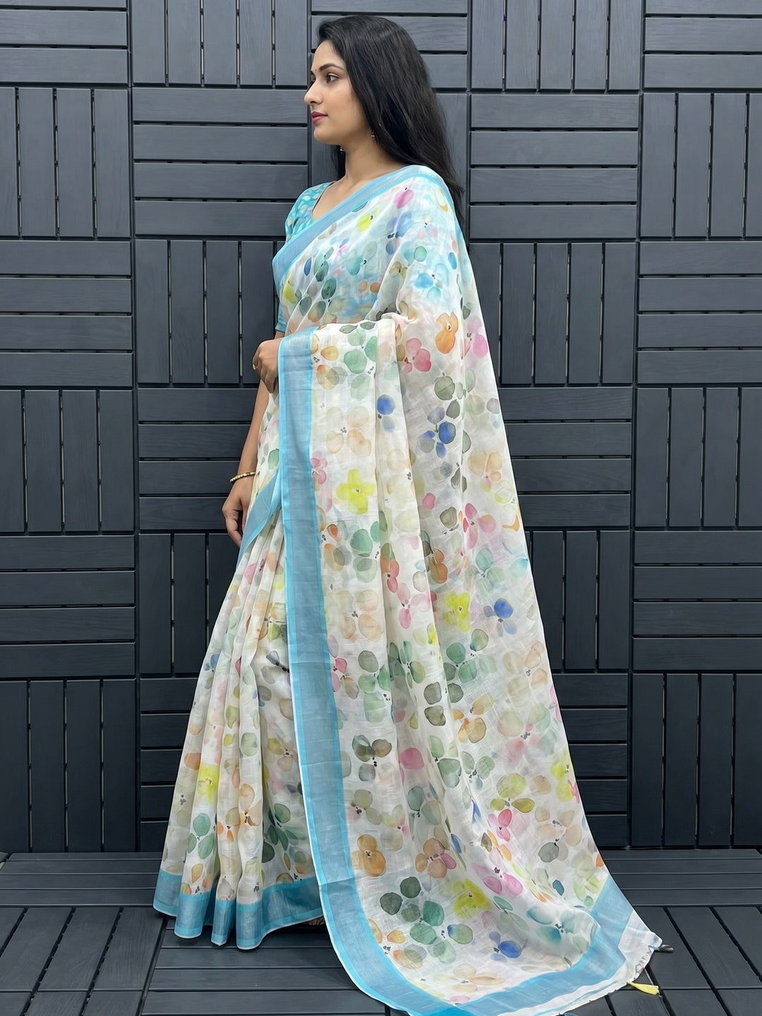 White & Blue Floral Digital Printed Linen Saree - Image 2