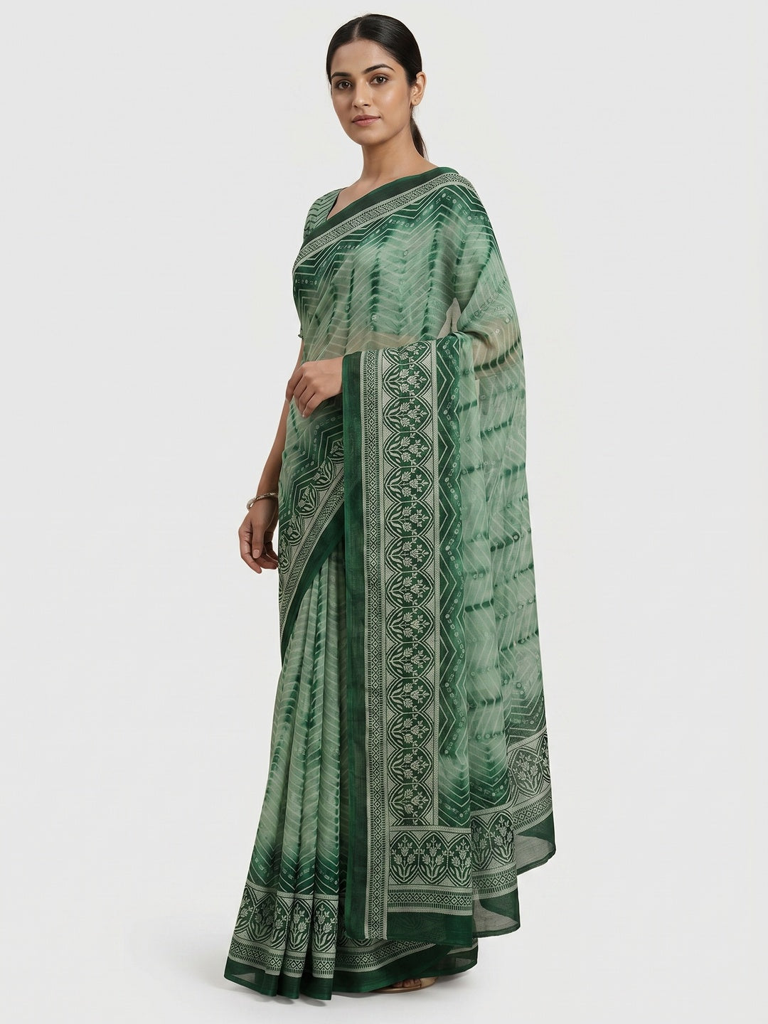 Green Shibori Foil Printed Chiffon Saree - Image 1