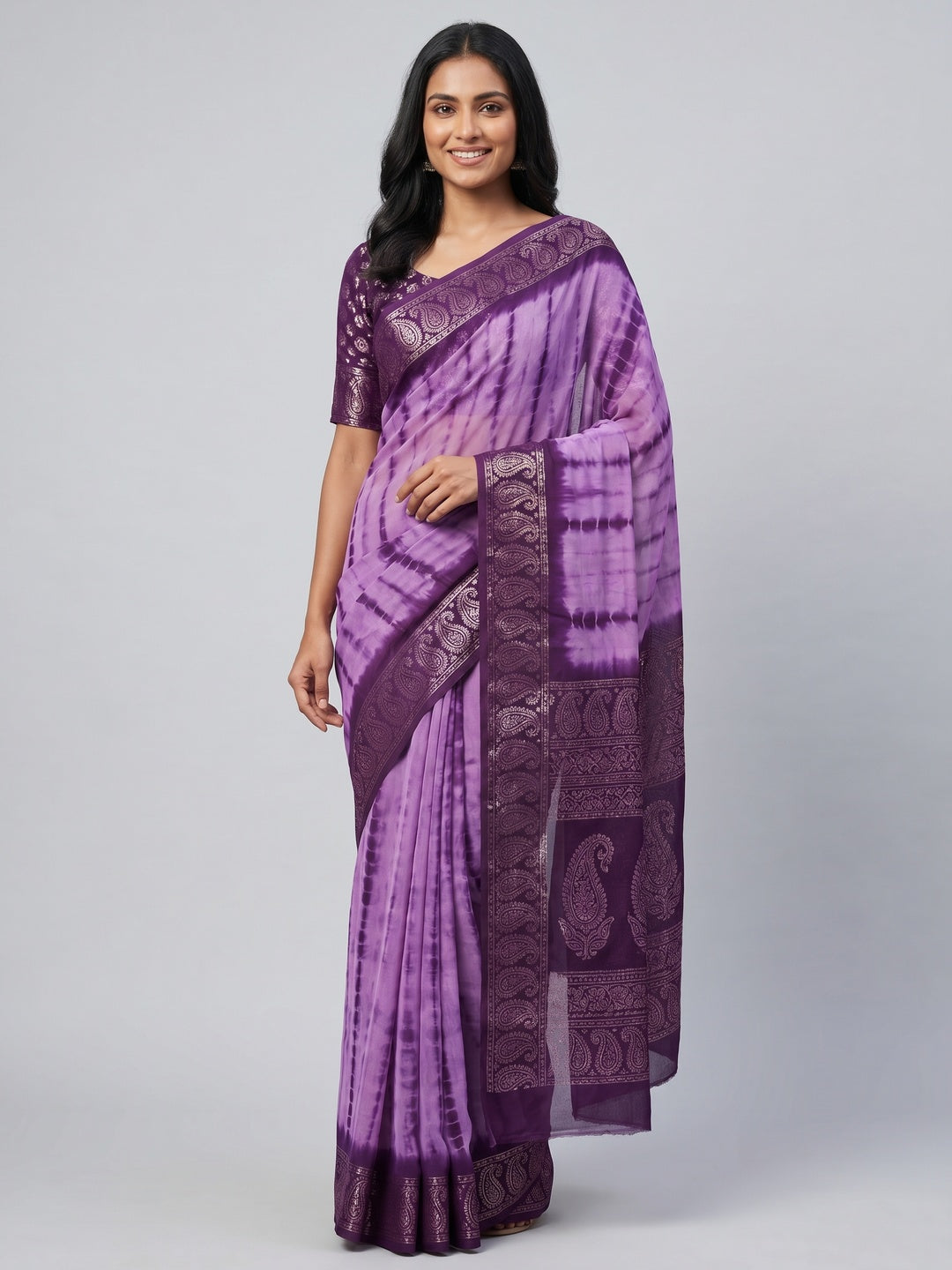 Purple Shibori Foil Printed Chiffon Saree - Image 1