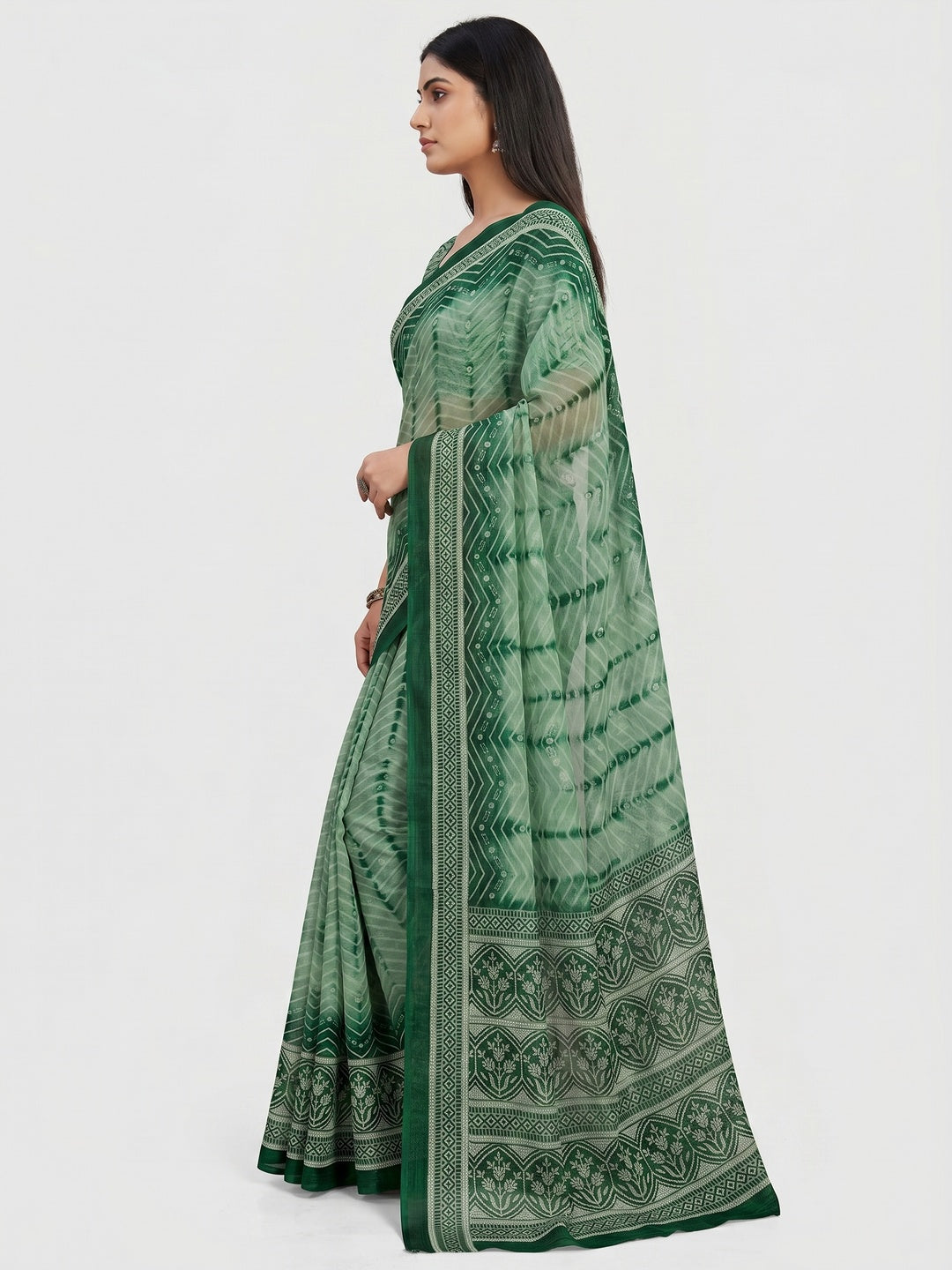 Green Shibori Foil Printed Chiffon Saree - Image 2
