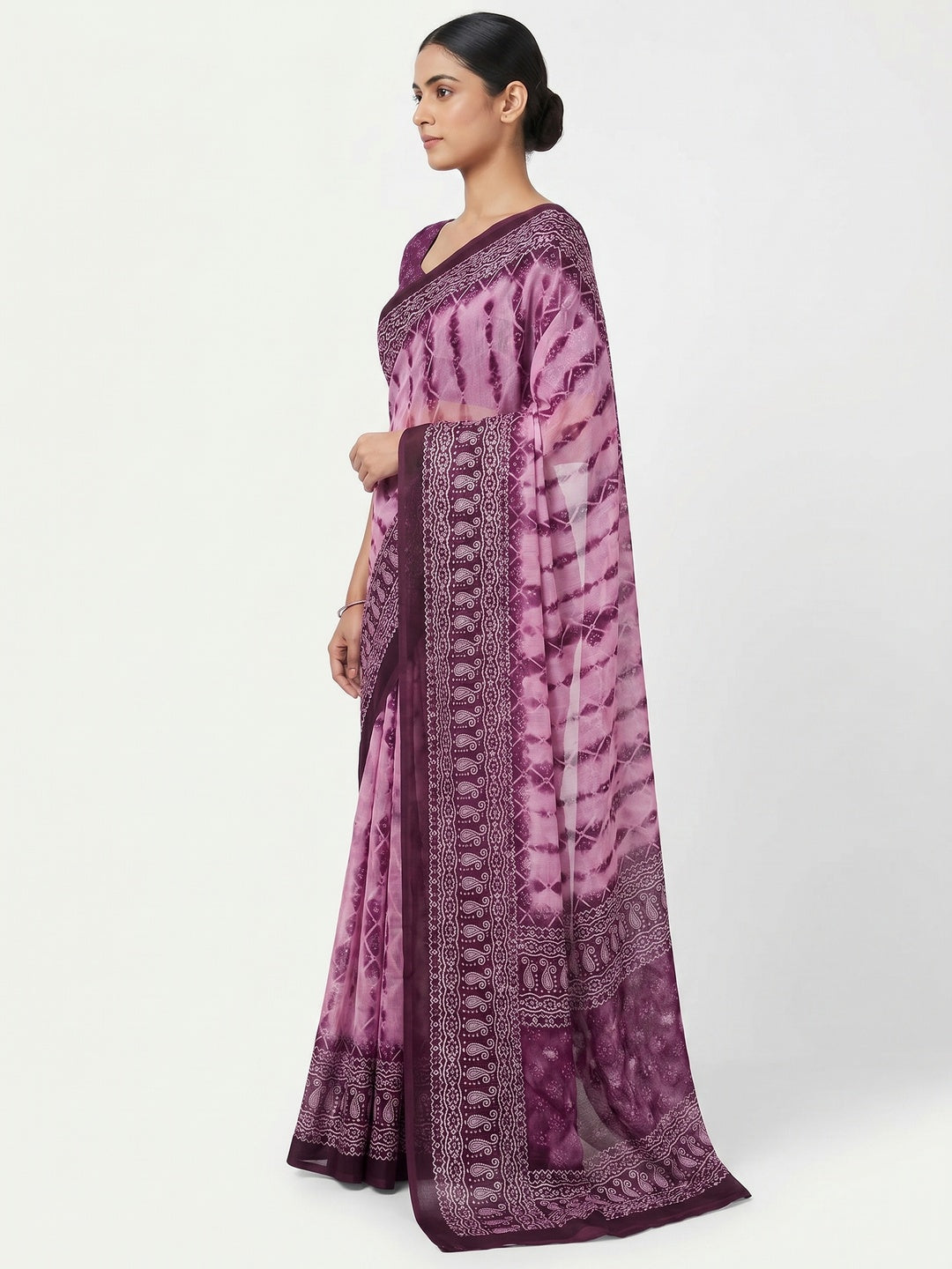 Purple Shibori Foil Printed Chiffon Saree - Image 3