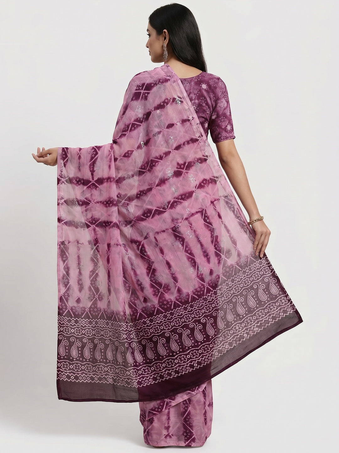Purple Shibori Foil Printed Chiffon Saree - Image 2