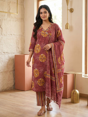 Maroon Pure Cotton Floral Printed Salwar Suit Set - Image 2
