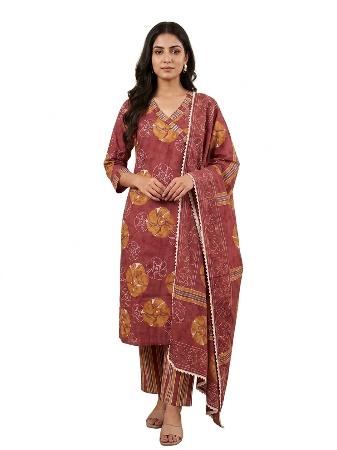 Maroon Pure Cotton Floral Printed Salwar Suit Set - Image 4