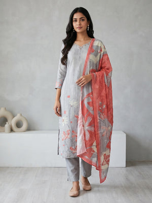 Grey Gucci Silk Floral Printed Salwar Suit Set - Image 1
