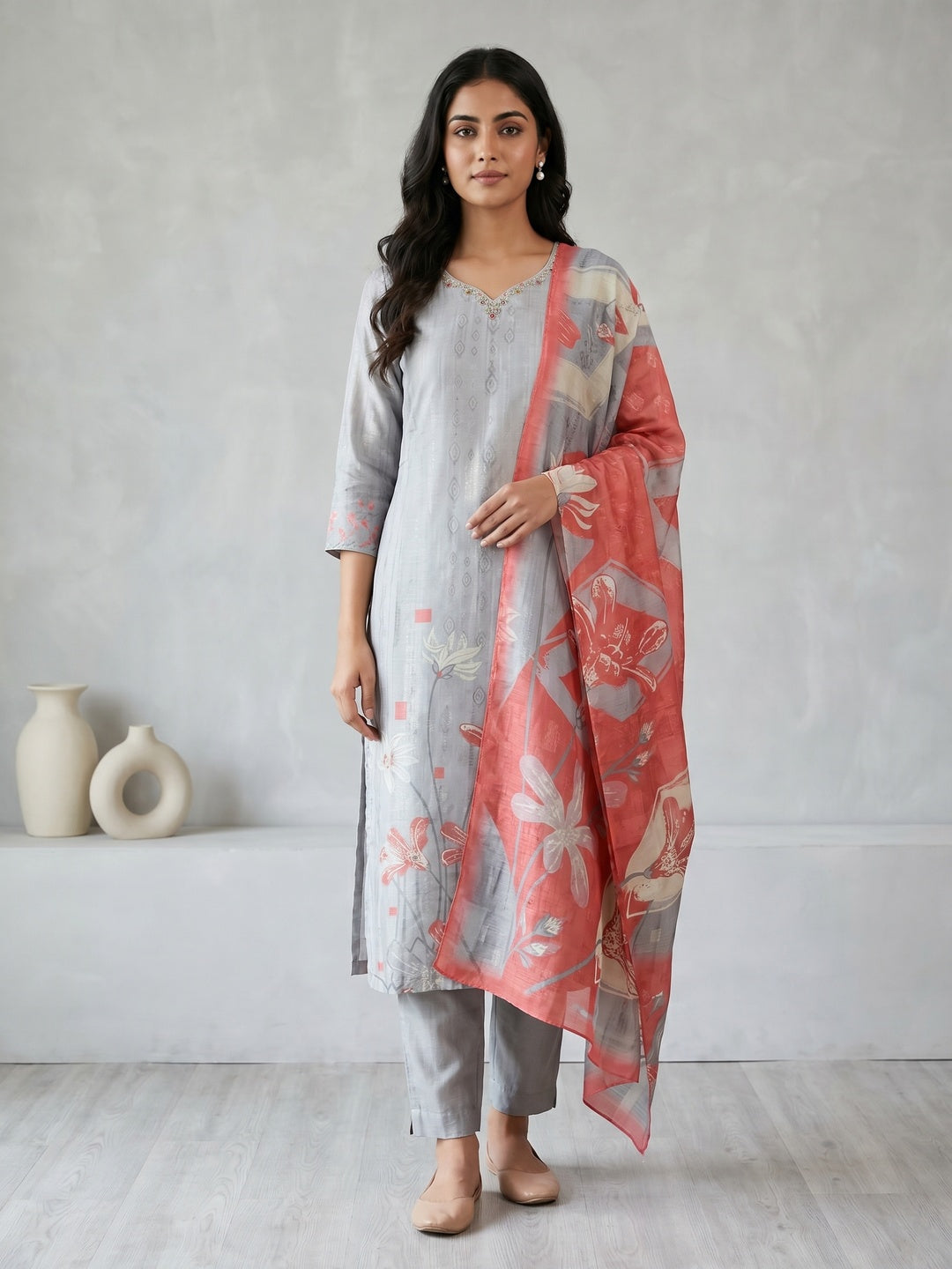 Grey Gucci Silk Floral Printed Salwar Suit Set - Image 2