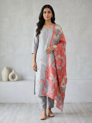 Grey Gucci Silk Floral Printed Salwar Suit Set - Image 2