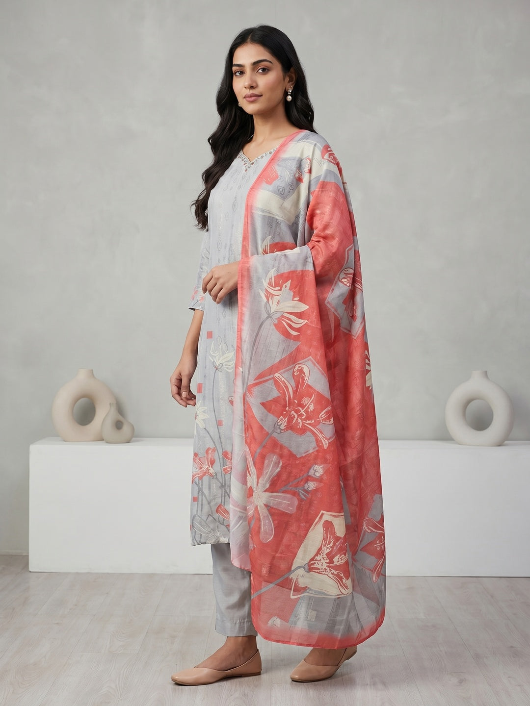 Grey Gucci Silk Floral Printed Salwar Suit Set - Image 3