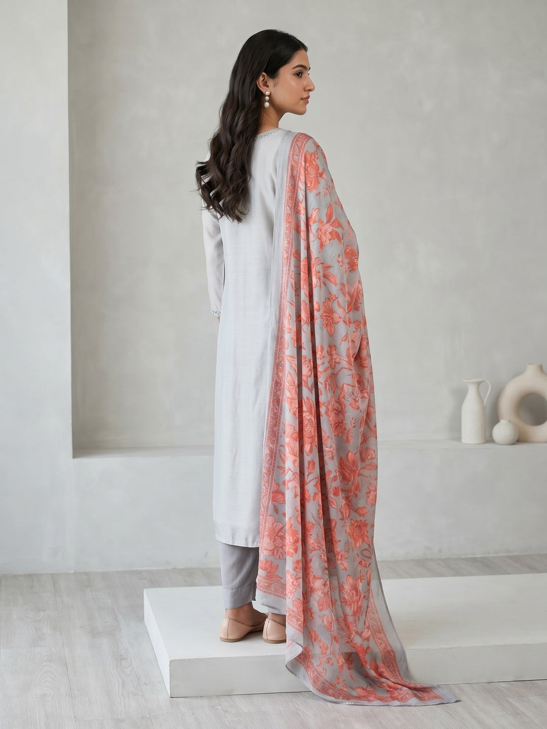 Grey Gucci Silk Floral Printed Salwar Suit Set - Image 4