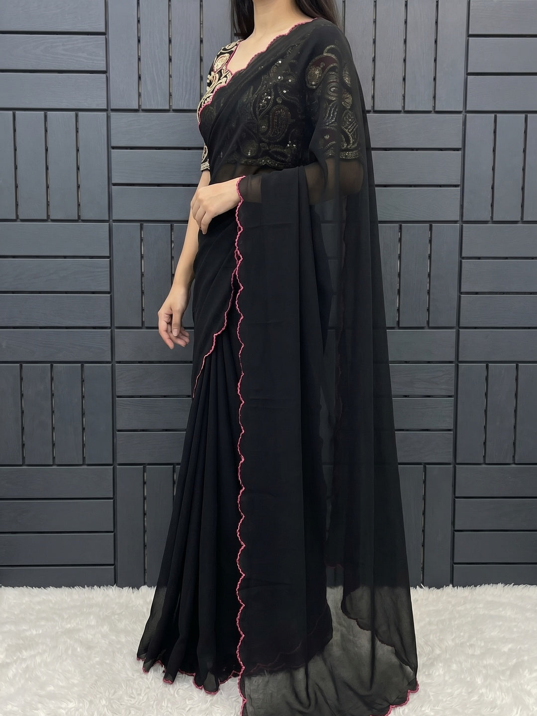 Black Solid Georgette Saree With Embroidered Border - Image 3