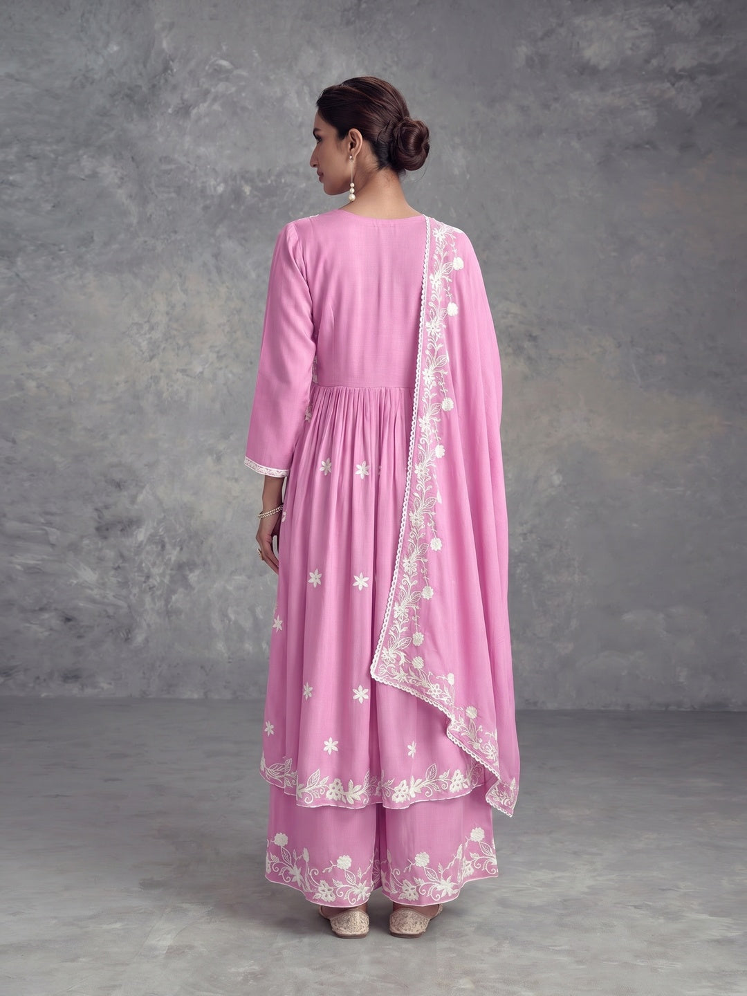 Pink Floral Embroidered Rayon Salwar Suit - Image 1
