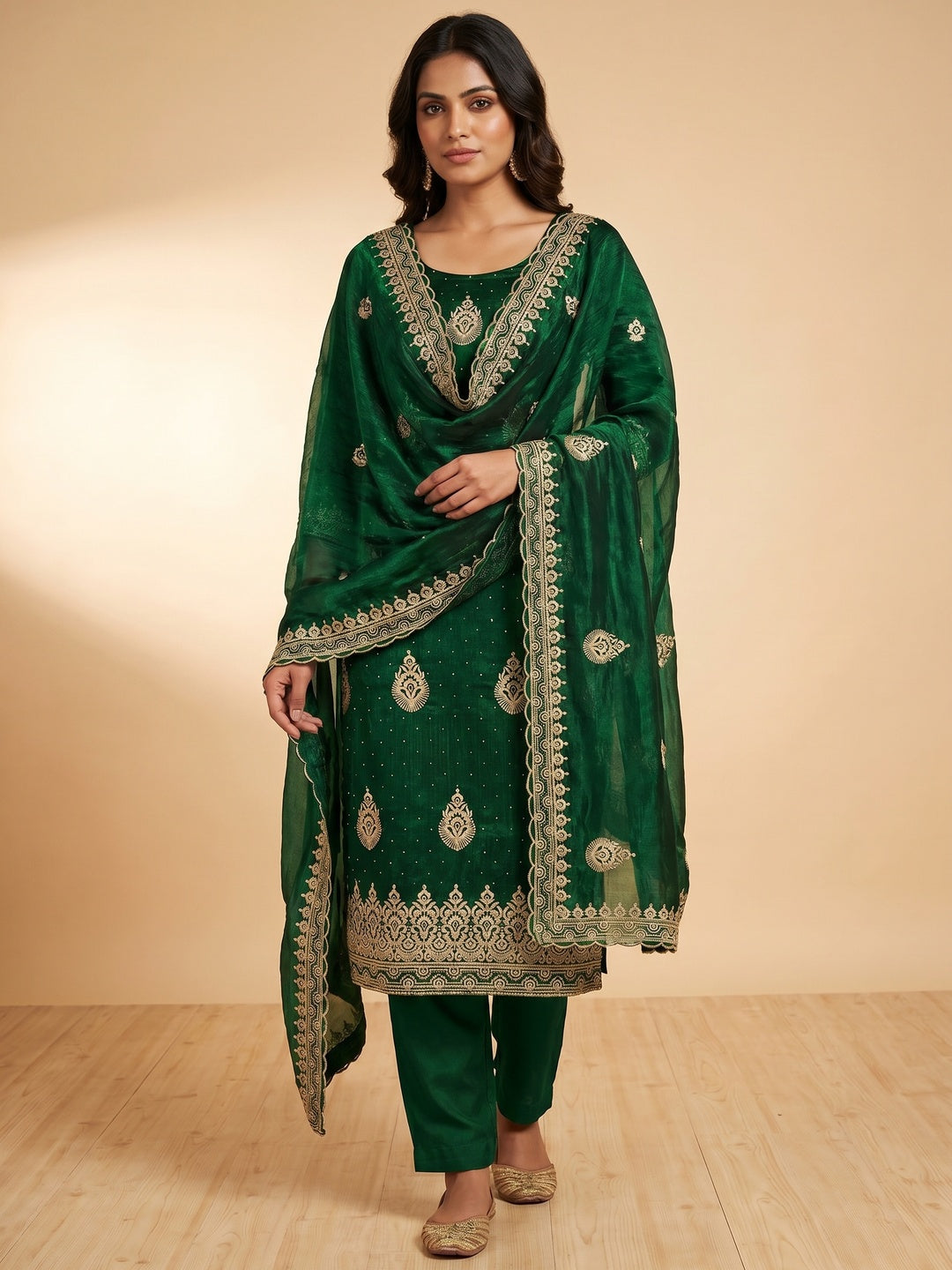 Green Embroidery With Stonework Mulberry Dress Material - Image 1