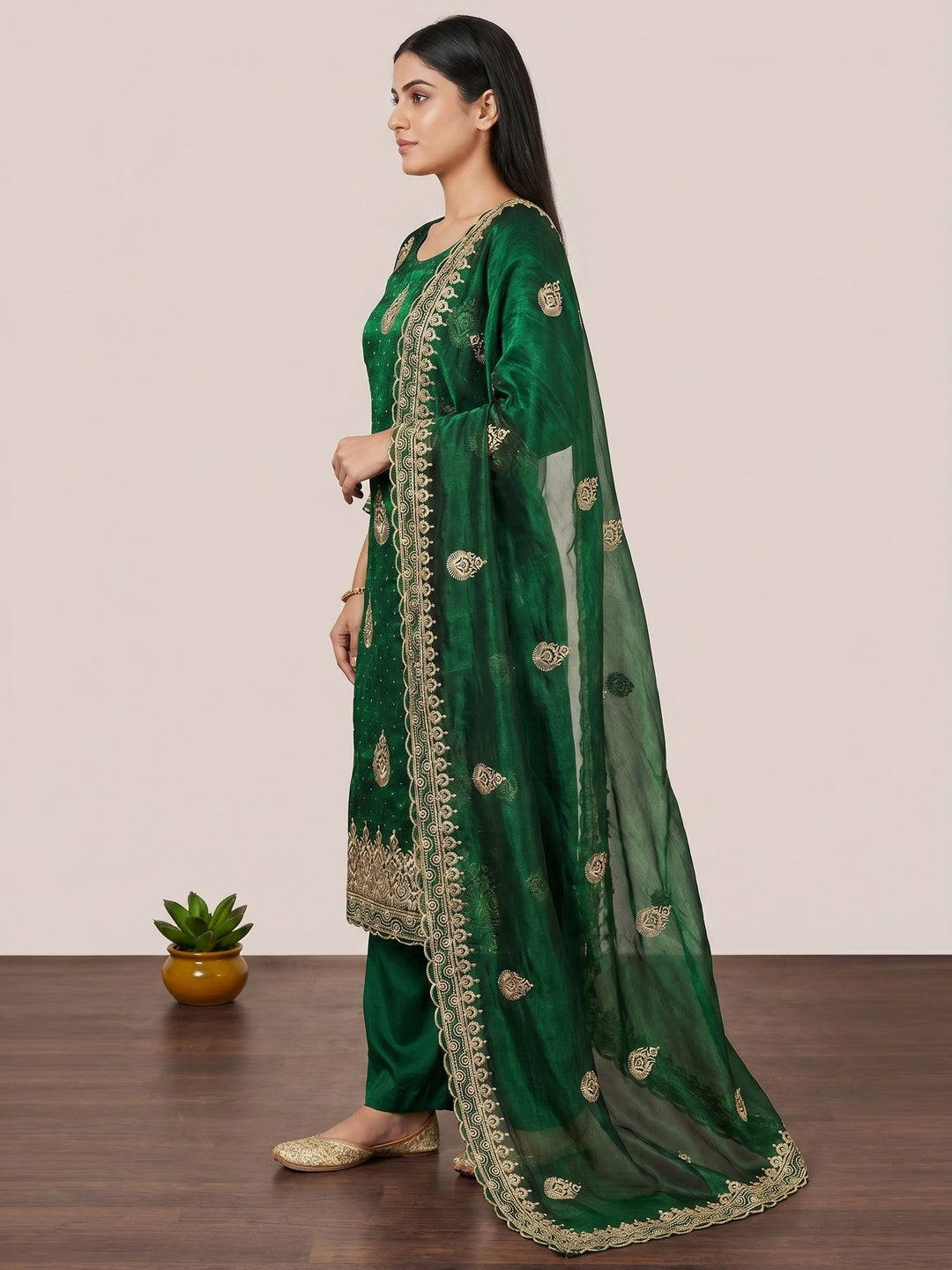 Green Embroidery With Stonework Mulberry Dress Material - Image 3