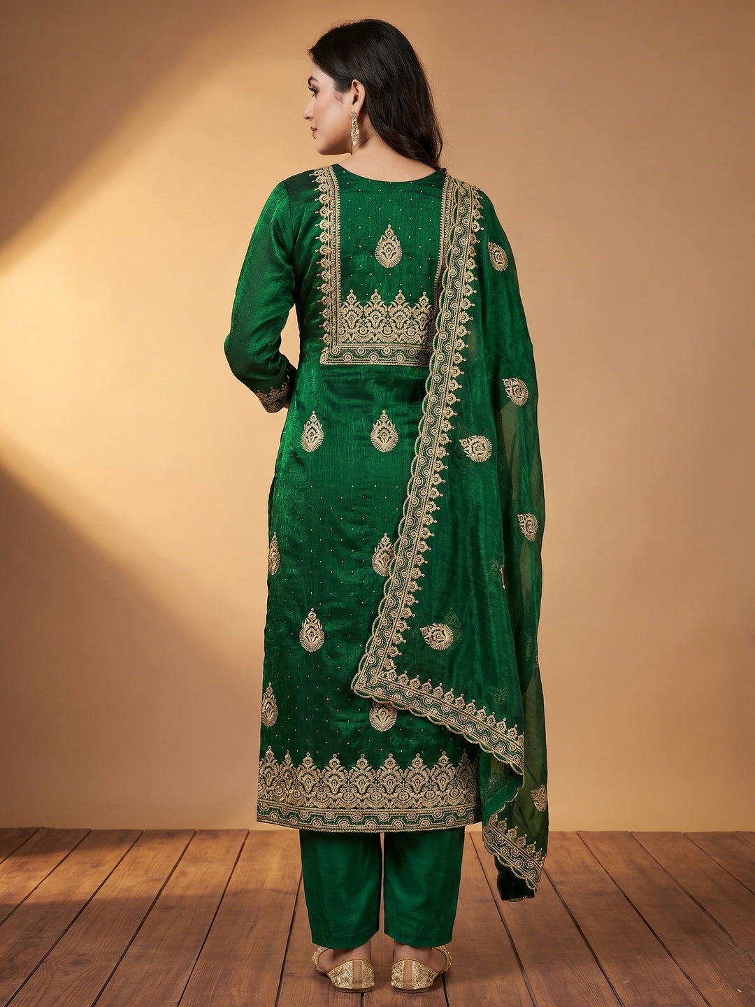 Green Embroidery With Stonework Mulberry Dress Material - Image 2