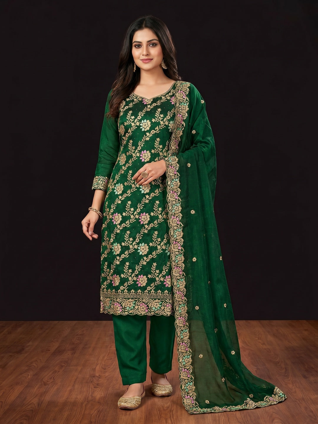 Green Floral Embroidery With Stonework Mulberry Silk Dress Material - Image 1