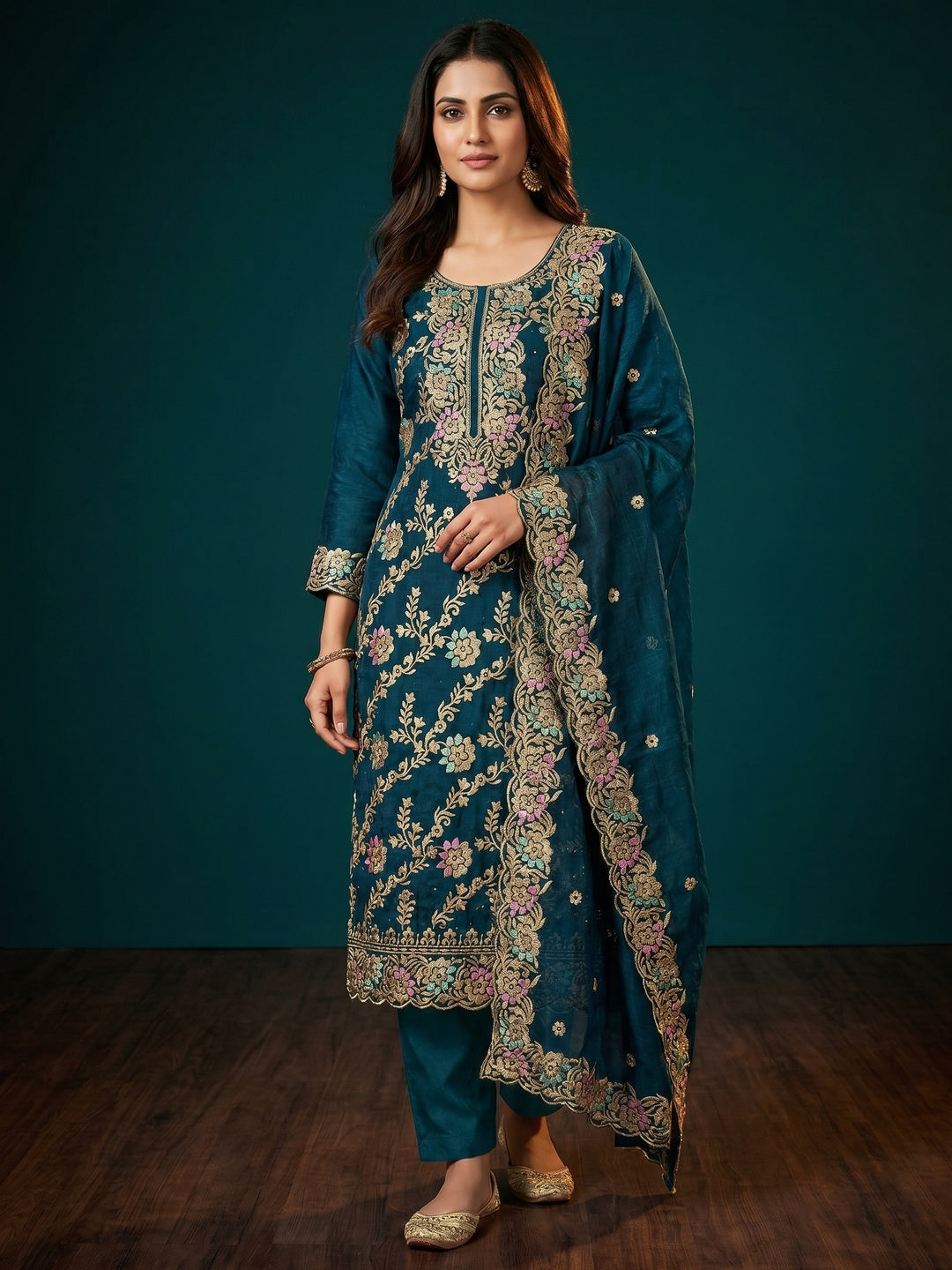 Morpich Floral Embroidery With Stonework Mulberry Silk Dress Material - Image 1