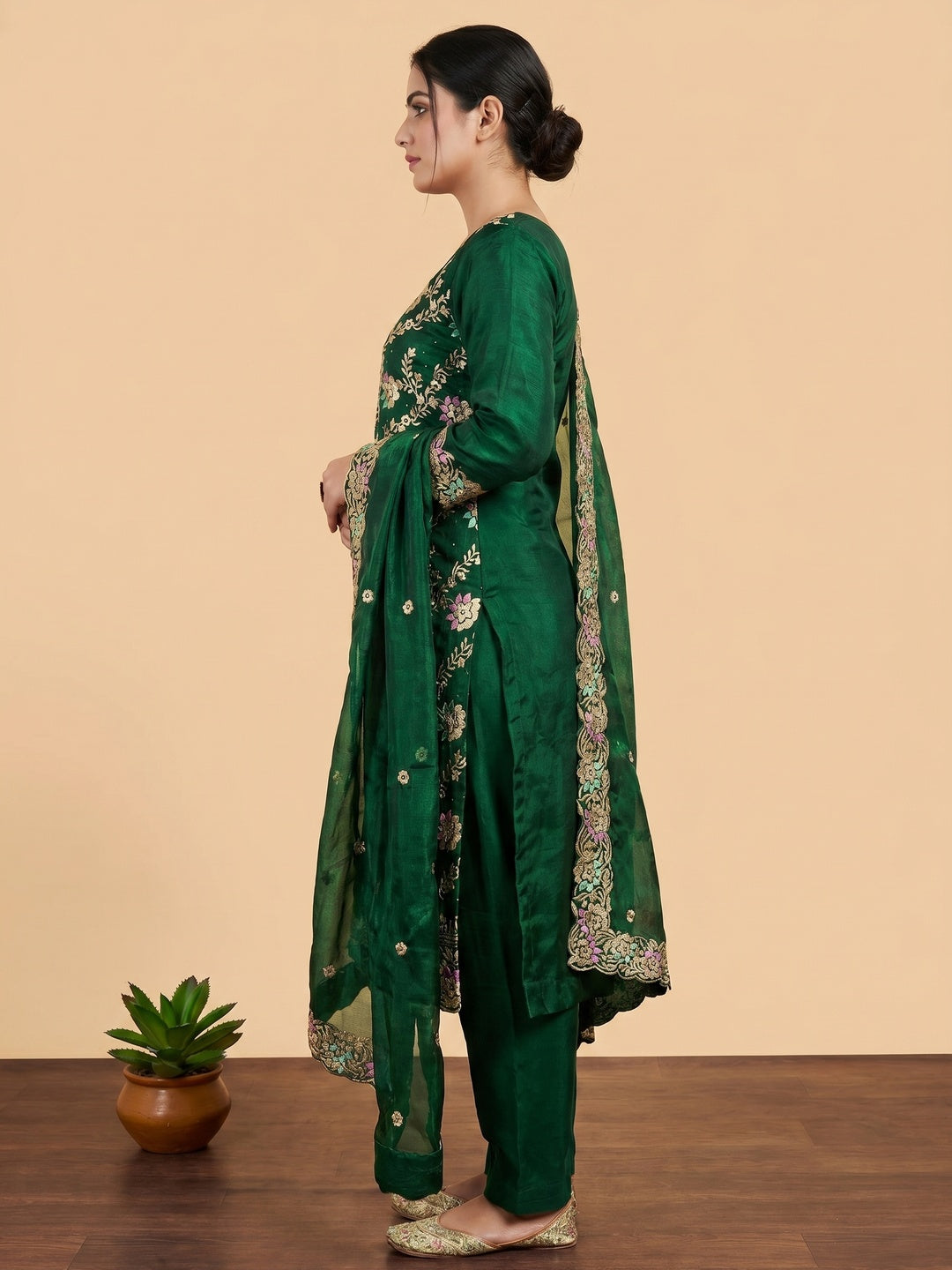 Green Floral Embroidery With Stonework Mulberry Silk Dress Material - Image 3