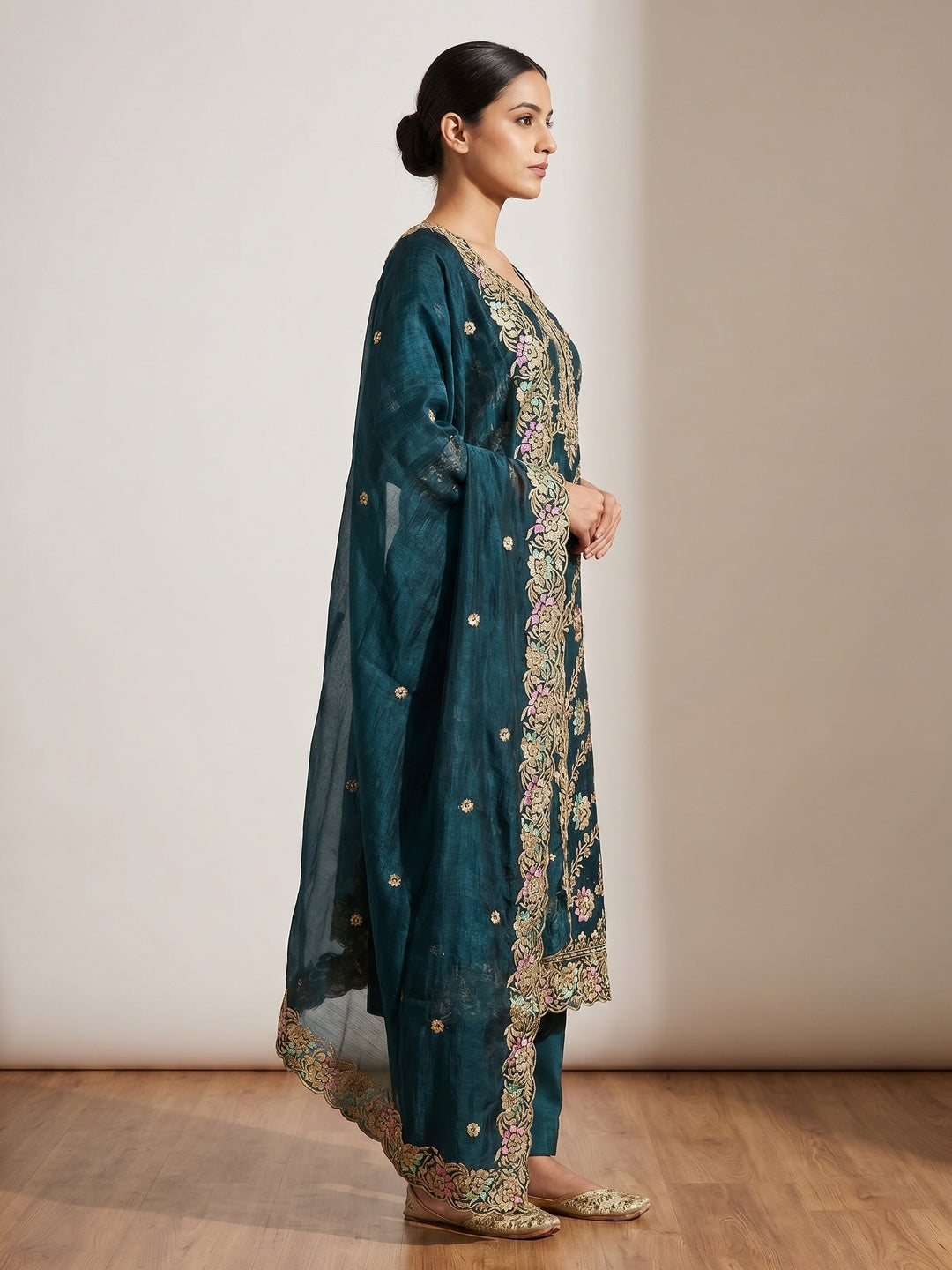 Morpich Floral Embroidery With Stonework Mulberry Silk Dress Material - Image 2