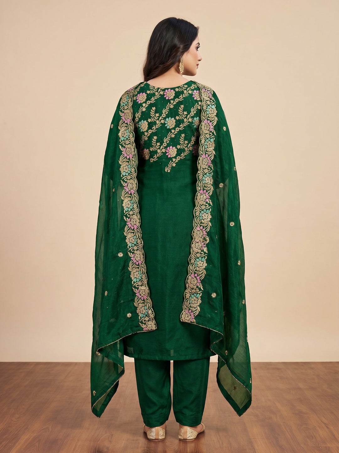 Green Floral Embroidery With Stonework Mulberry Silk Dress Material - Image 2