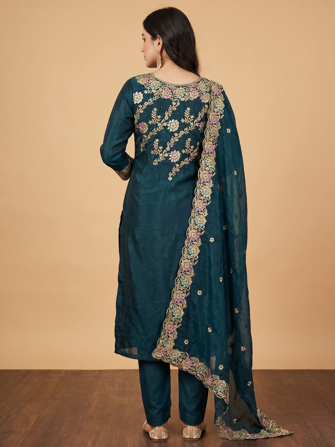Morpich Floral Embroidery With Stonework Mulberry Silk Dress Material - Image 3
