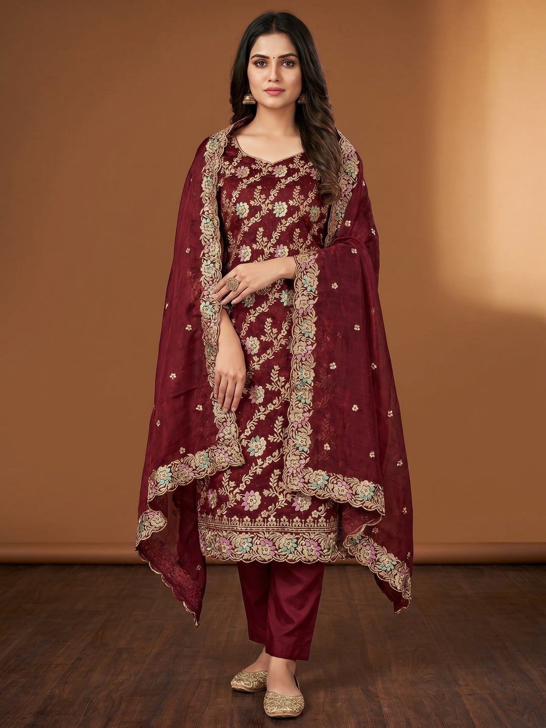 Maroon Floral Embroidery With Stonework Mulberry Silk Dress Material - Image 3