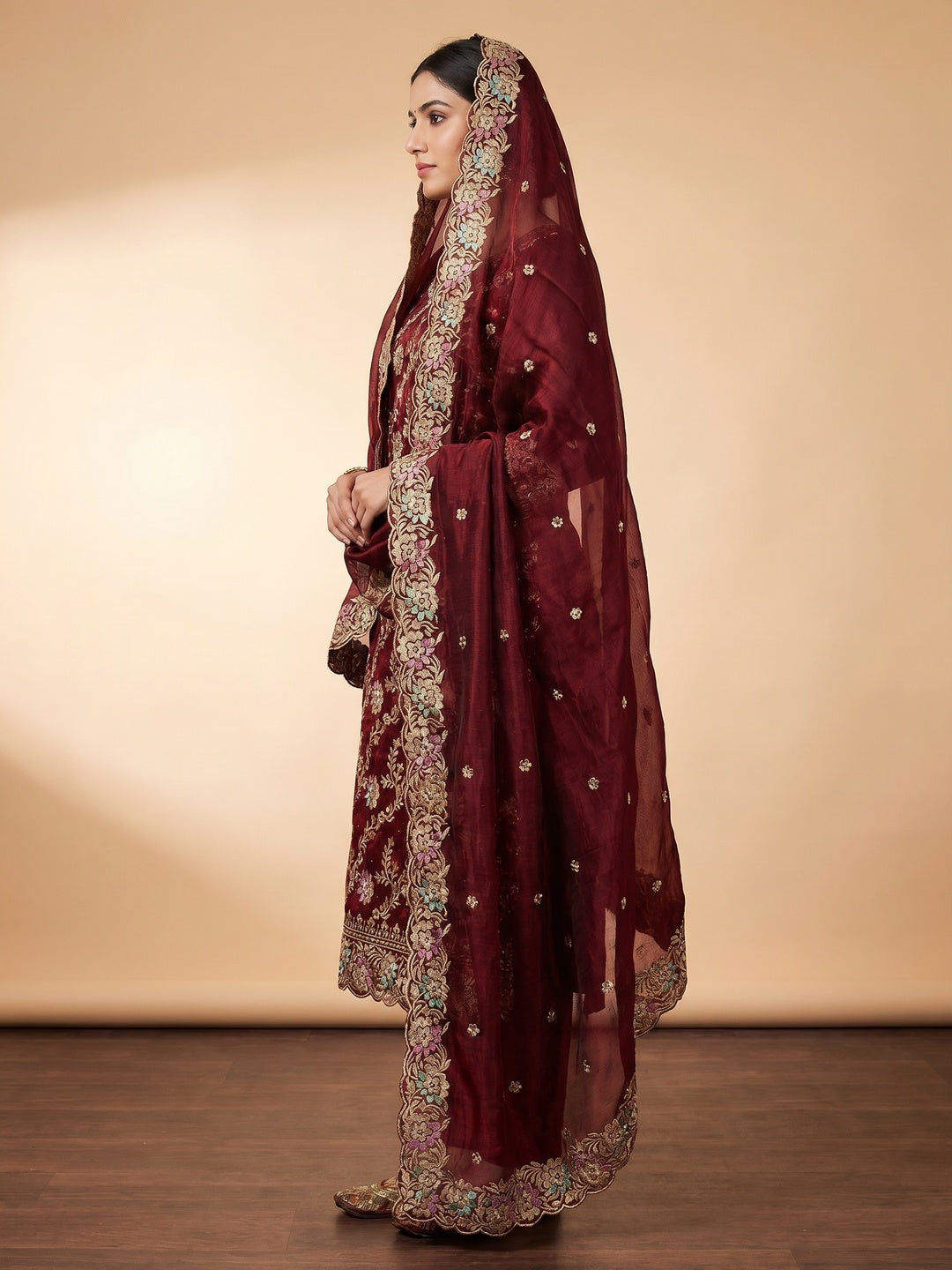 Maroon Floral Embroidery With Stonework Mulberry Silk Dress Material - Image 2