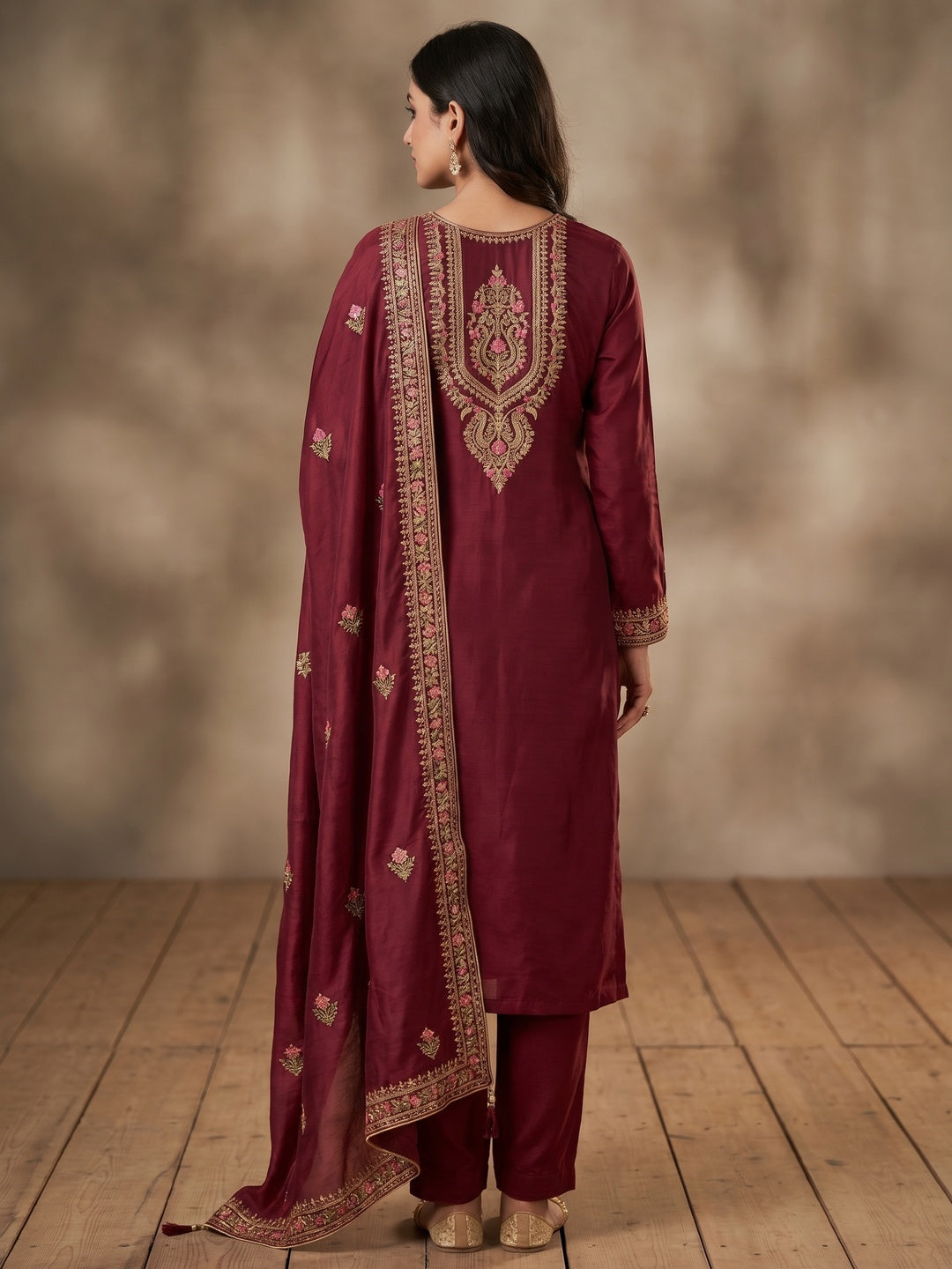 Maroon Floral Embroidery With Stonework Mulberry Silk Dress Material - Image 1