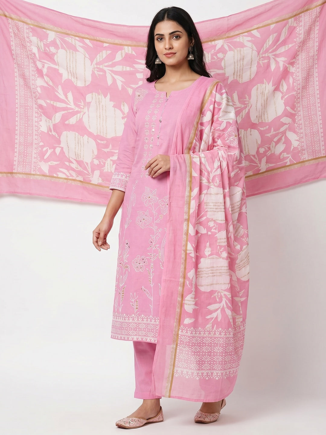 Pink Floral Foil Printed Pure Cotton Dress Material - Image 1