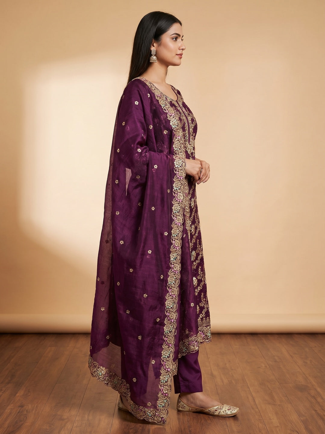 Purple Floral Embroidery With Stonework Mulberry Silk Dress Material - Image 3