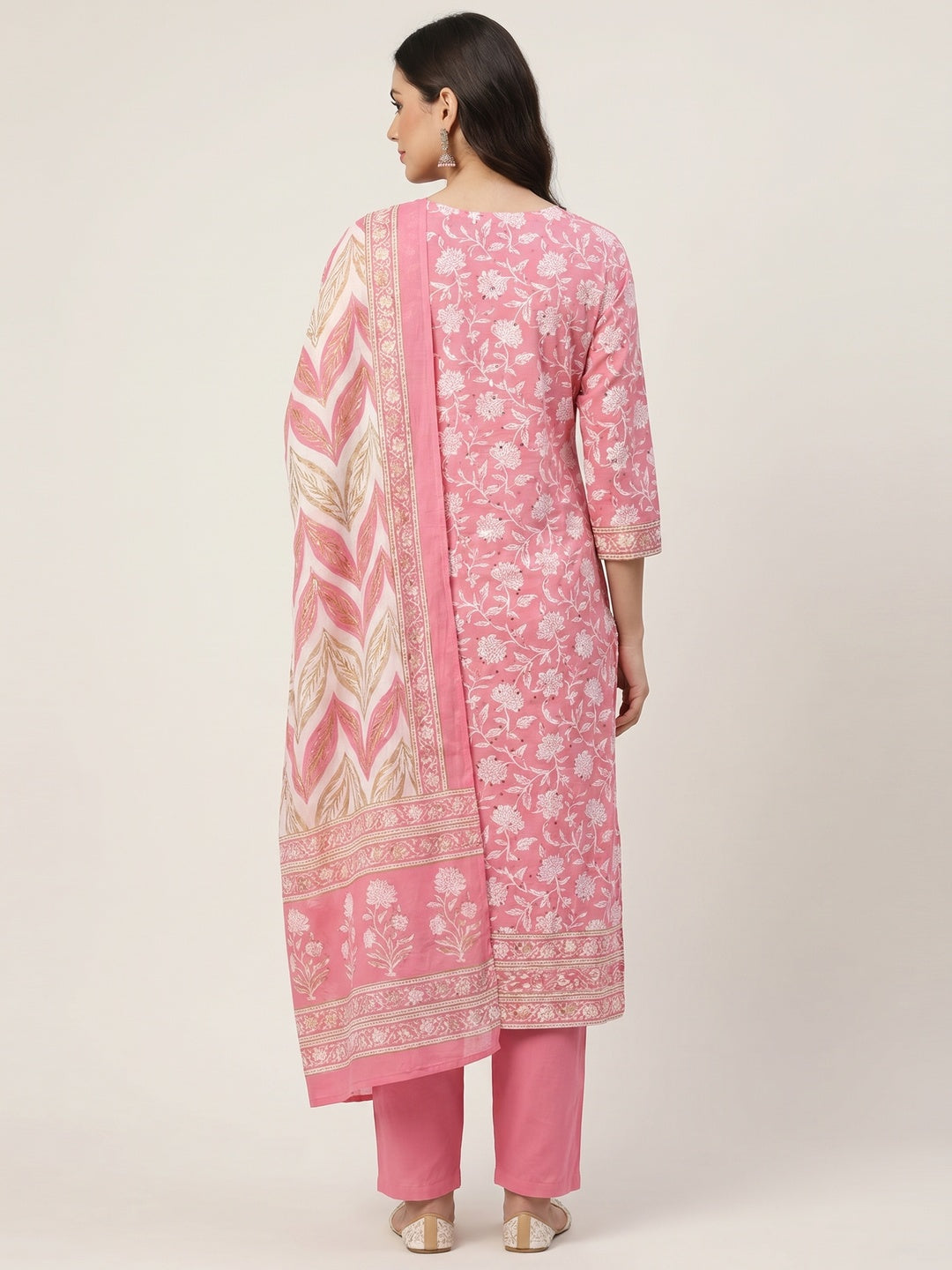 Pink Floral Foil Printed Pure Cotton Dress Material - Image 3