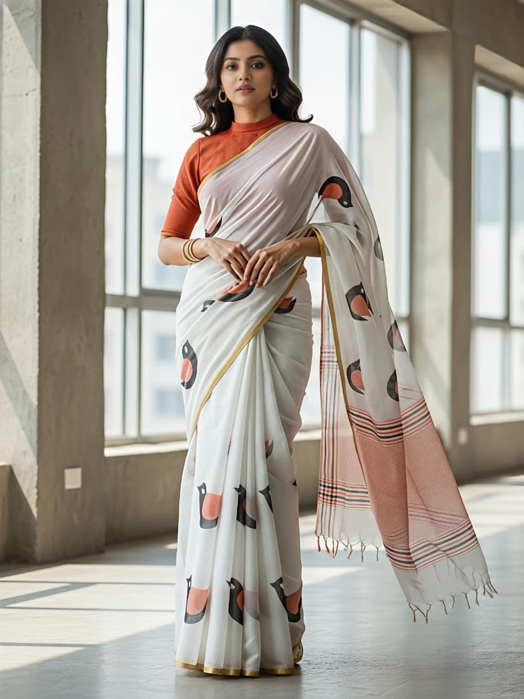 Peachmode Cream Linen Cotton Saree with Artistic Motifs - Image 2