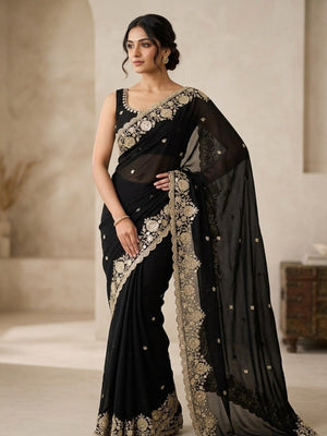 Peachmode Black Silk Saree with Sequins Zari Embroidery - Image 1