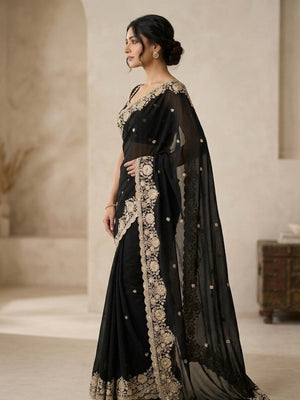 Peachmode Black Silk Saree with Sequins Zari Embroidery - Image 2