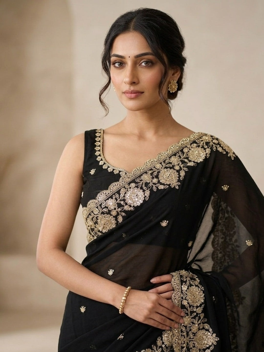 Peachmode Black Silk Saree with Sequins Zari Embroidery - Image 3