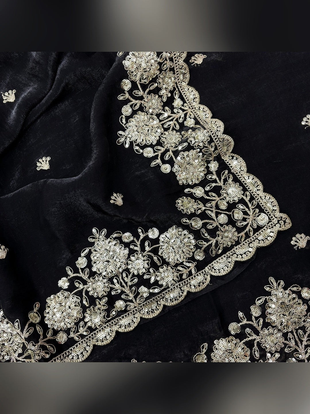 Peachmode Black Silk Saree with Sequins Zari Embroidery - Image 5