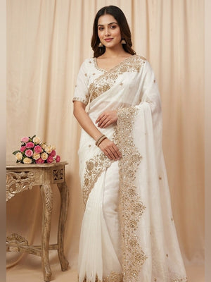 Peachmode White Silk Saree with Sequins Zari Embroidery - Image 1