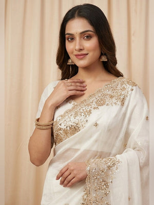 Peachmode White Silk Saree with Sequins Zari Embroidery - Image 2