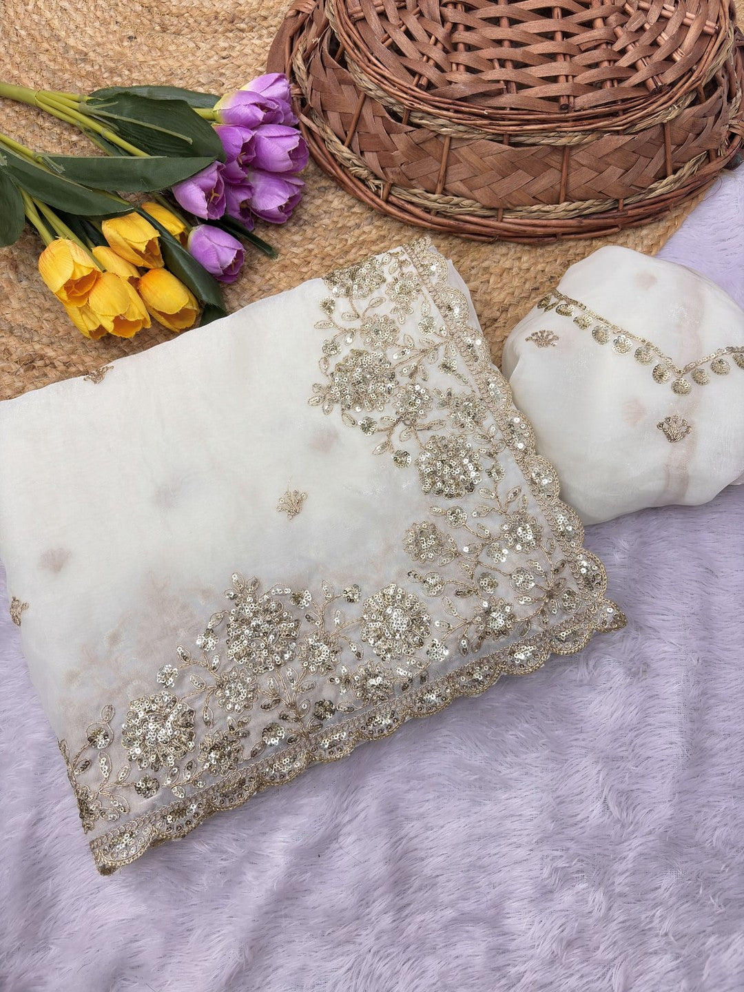 Peachmode White Silk Saree with Sequins Zari Embroidery - Image 6