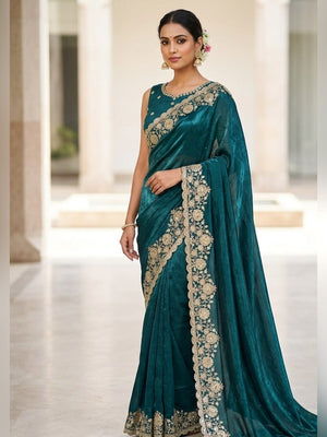 Peachmode Teal Silk Saree with Sequins Zari Embroidery - Image 1