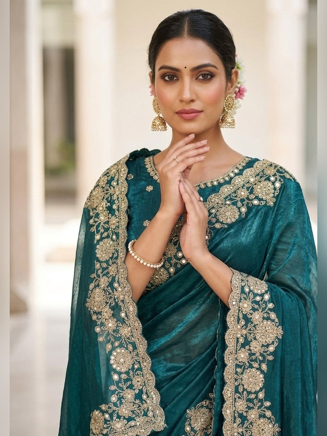 Peachmode Teal Silk Saree with Sequins Zari Embroidery - Image 2
