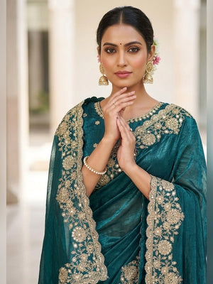 Peachmode Teal Silk Saree with Sequins Zari Embroidery - Image 2