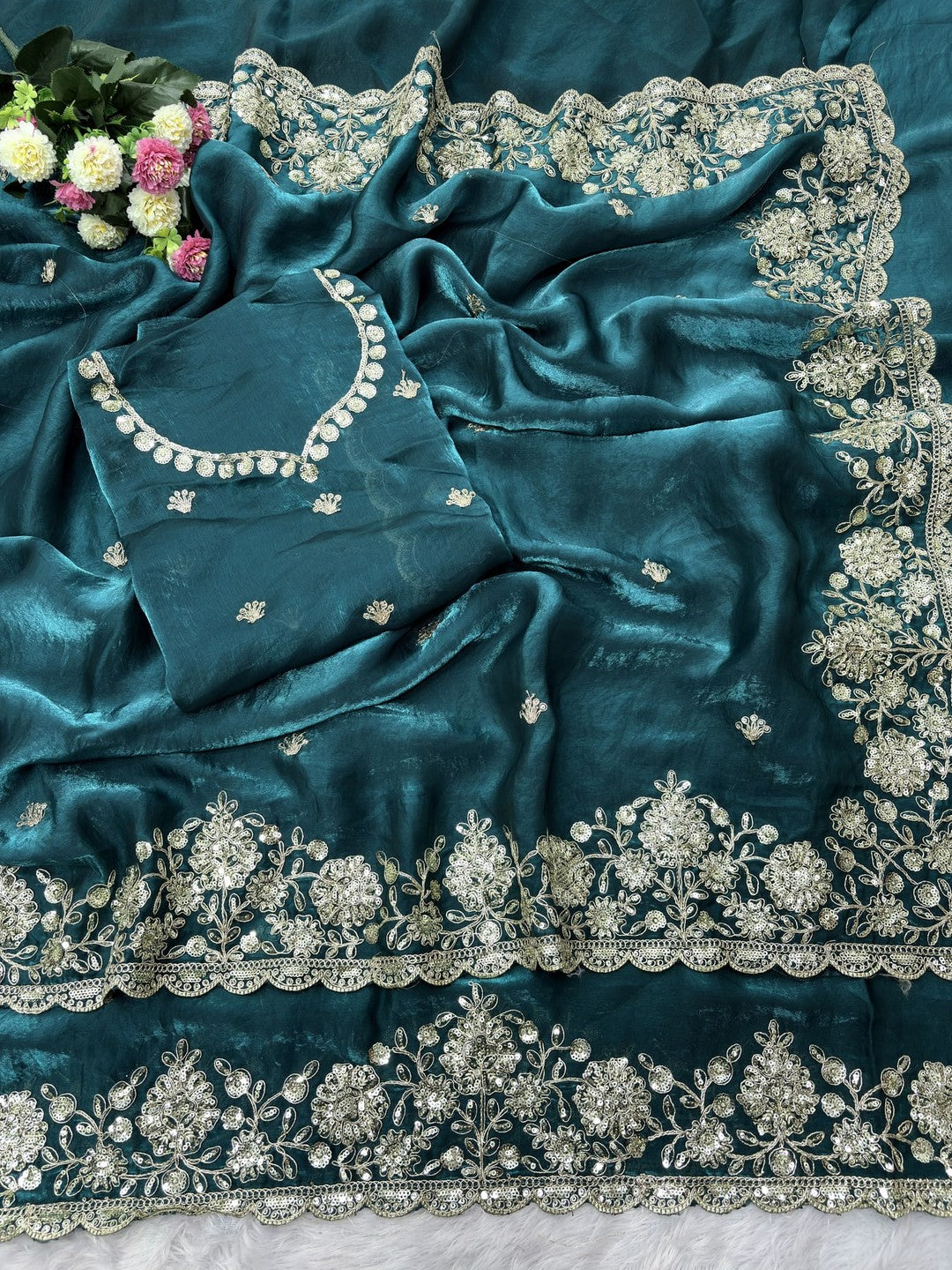 Peachmode Teal Silk Saree with Sequins Zari Embroidery - Image 4