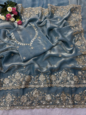 Peachmode Sky Blue Silk Saree with Sequins Zari Embroidery - Image 2