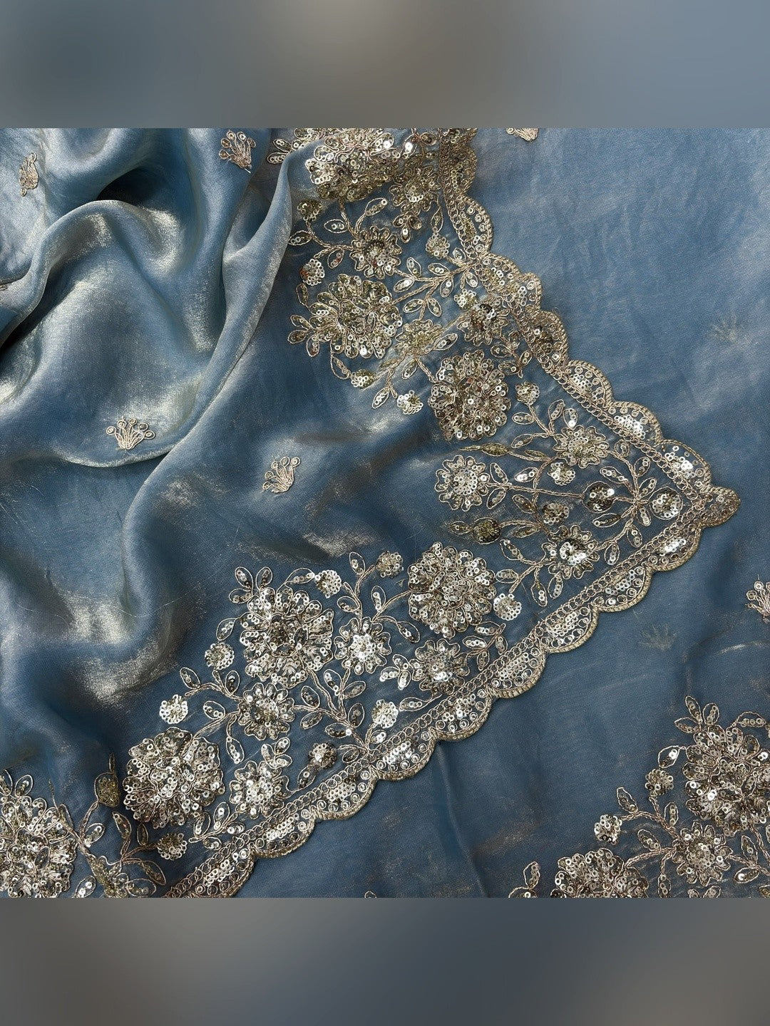 Peachmode Sky Blue Silk Saree with Sequins Zari Embroidery - Image 3