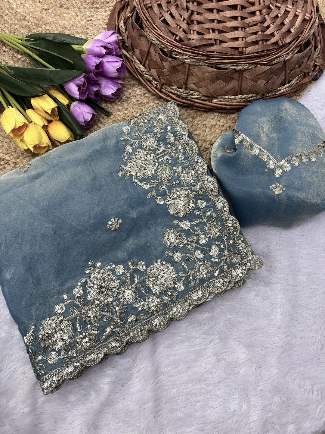 Peachmode Sky Blue Silk Saree with Sequins Zari Embroidery - Image 4