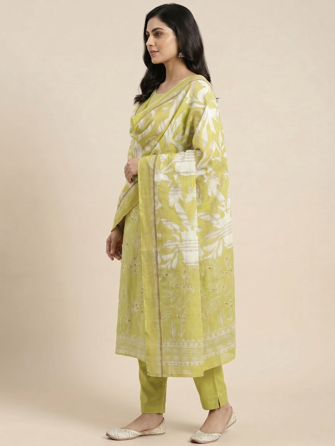 Green Floral Foil Printed Pure Cotton Dress Material - Image 2