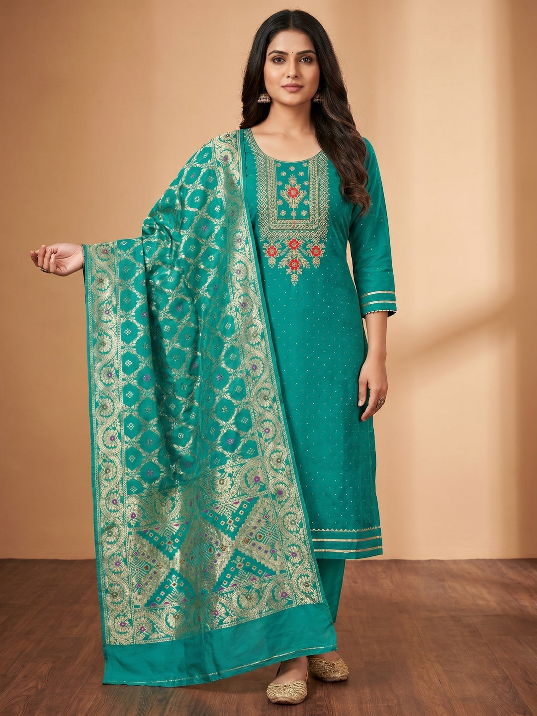 Turquoise Floral Embroidery With Stonework Chanderi Dress Material - Image 1
