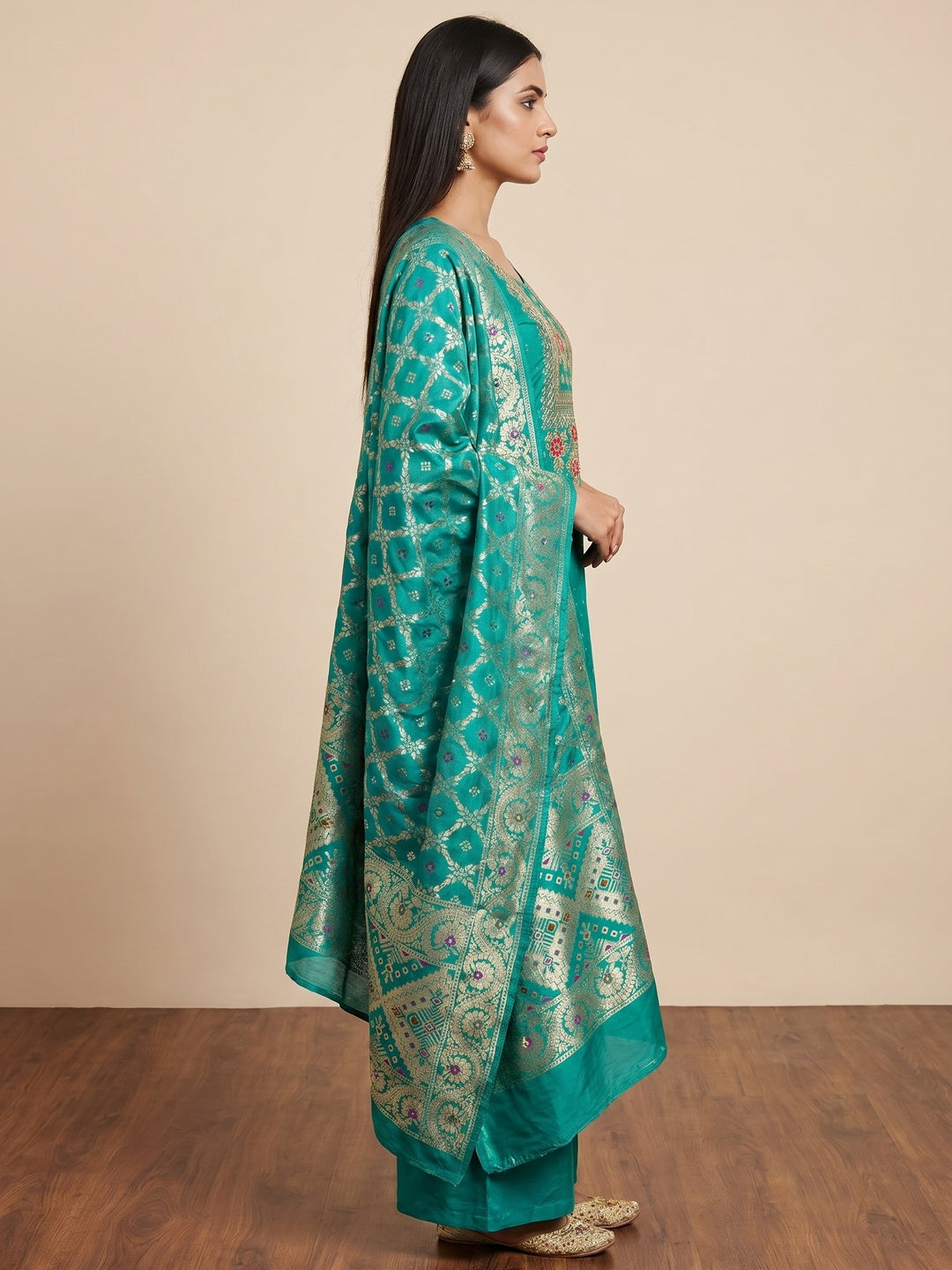 Turquoise Floral Embroidery With Stonework Chanderi Dress Material - Image 2