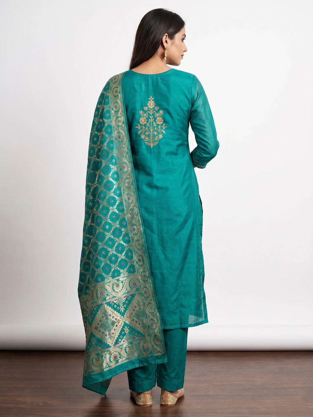 Turquoise Floral Embroidery With Stonework Chanderi Dress Material - Image 3