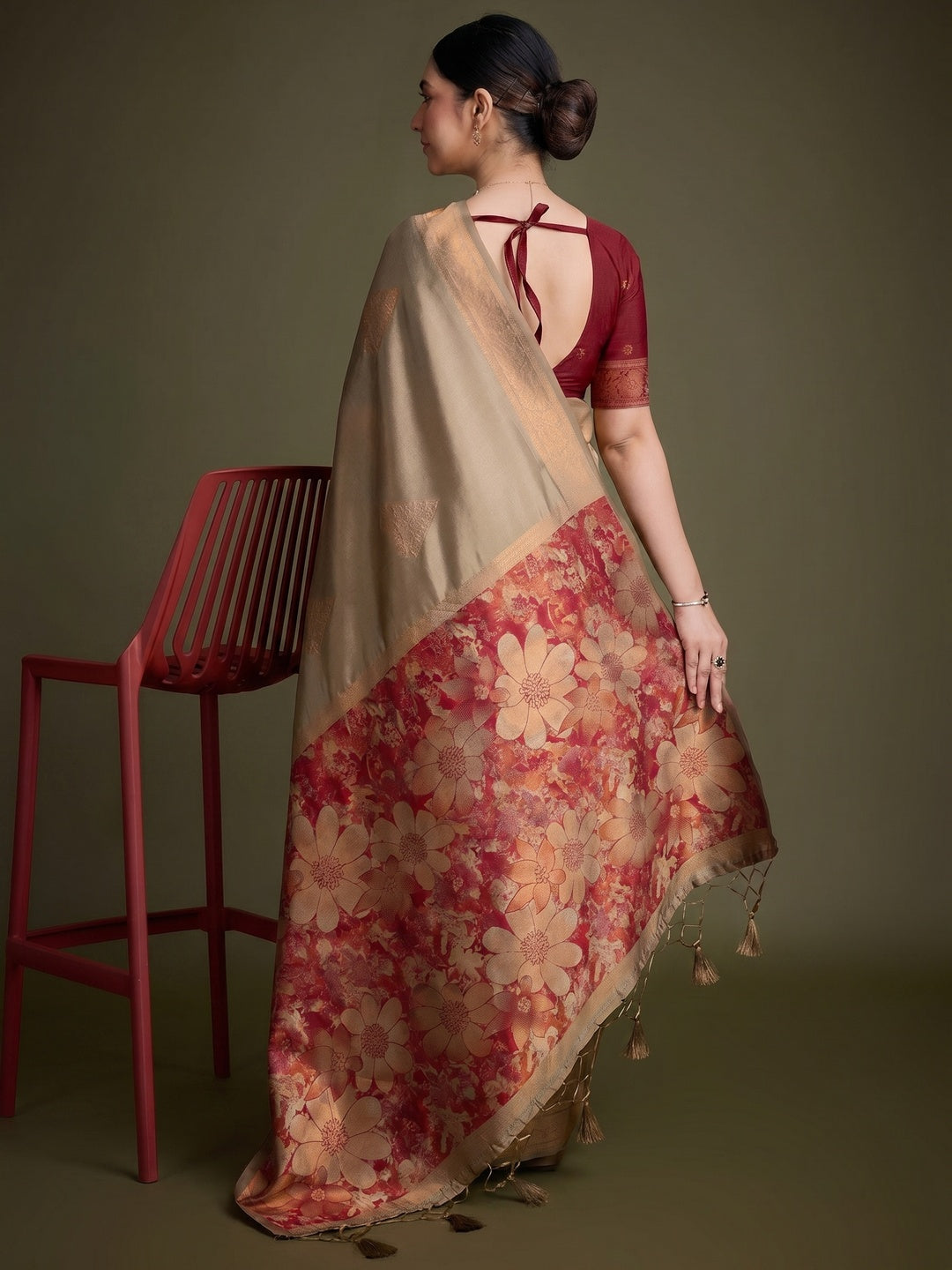 Chikoo Floral Woven Banarasi Silk Saree - Image 1